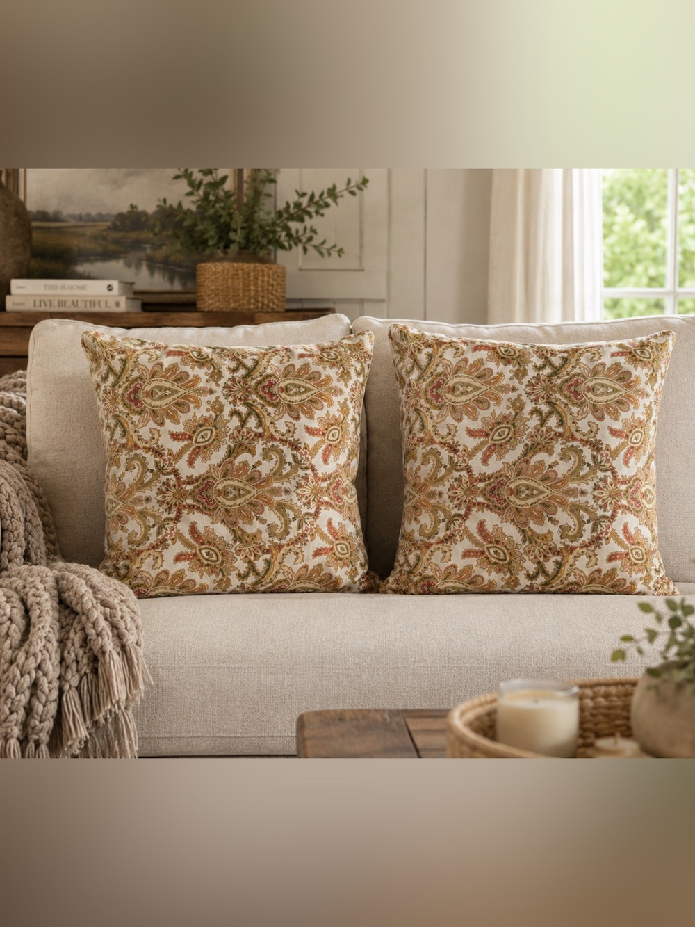 Set of 2 American Mills Paisley Cotton Throw Pillows Feather Filled Made in USA